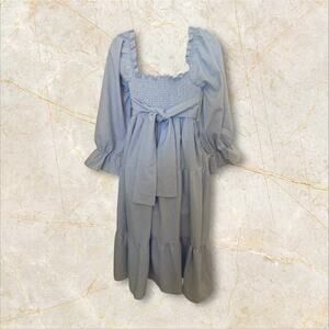 R. Vivimos Bluie Long Summer Gingham Dress w/Puff Sleeves Smocked Bodice. L